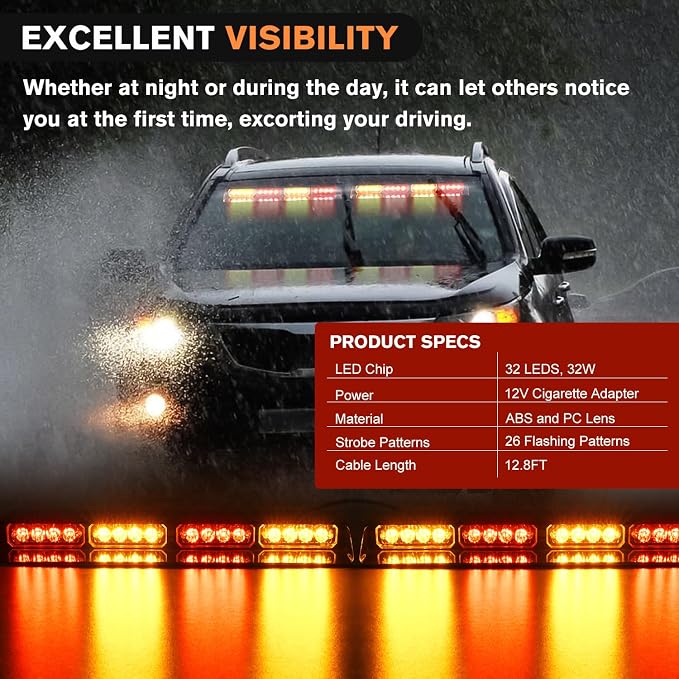 Nilight 32LED Amber Red Emergency Dash Strobe Lights with Controller | Suction Cups Warning Hazard Interior Front/Rear Windshield Deck Split Light Bar for Trucks Construction Vehicles