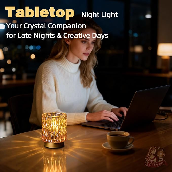 Battery Operated Table Lamp Timer, Small Cordless Lamps Decorative, Amber | Mini Crystal Lamp for Area No Plug, LED Battery Powered Lamps Wireless, Glass Accent Light for Bathroom Fireplace Shelf Decor