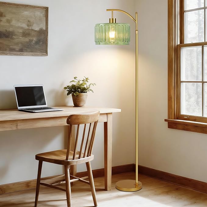 ILLMTW Glass Floor Lamp for Living Room,Bedroom,Gold Mid Century Modern Standing Lamp with Remote,Dimmable Brass Tall Lamp Vintage Retro Green Arc Flower Floor Light Boho Bohemian