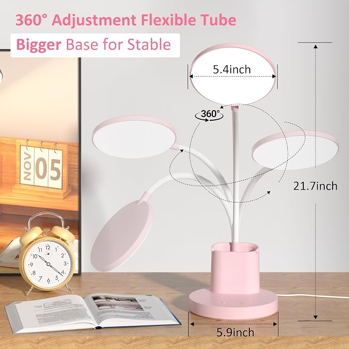 LED Desk Lamp for College Dorm with Pen Phone Holder, Pink | 3 Color Modes Dimmable Desk Light, College Dorm Essentials, 360° Adjustable Arm, Eye-caring Bedside Reading Lamp, 800 Lumen
