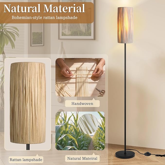 Ruiever Floor Lamp for Living Room,Rattan Boho Floor lamp,Modern Standing lamp with Hand-Worked Woven Shade (Hand Woven Shade-3 Color Bulb)