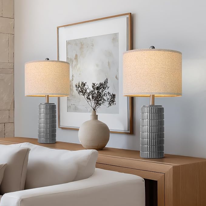 PoKat 23" Ceramic Dark Gray Table Lamps Set of 2 for Living Room, Modern Bedside Lamps for Bedroom, Farmhouse Nightstand Lamp for Home Office Guest Room Sideboard Entryway Decor Gifts