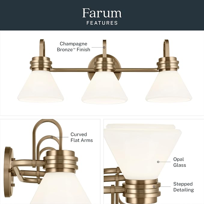 Kichler Farum 3-Light Bathroom Vanity Light, Champagne Bronze | Modern vanity light with opal glass for bathroom mirrors (26" x 9.5"), 55155CPZ
