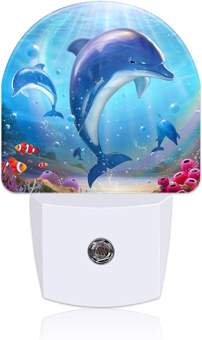 Night Light for Kids Girls Boys, Cute Dolphins in Tropical Sea LED Night Light Plug into Wall with Dusk to Dawn Sensor for Room Decor, Hallway, Kitchen, Bathroom, Nursery, Stairs