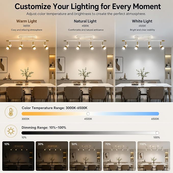 Jaycomey 4-Light LED Track Lighting Fixtures Ceiling, 41W Dimmable Track Light with Remote, 3000K-6500K Adjustable Ceiling Light Spotlights, 35 in White Gold Light Fixture for Kitchen Bedroom
