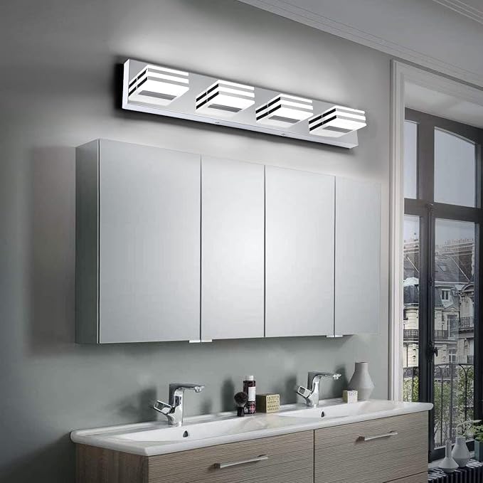 LED Vanity Lights for Bathroom 4 Light Bathroom Lamp over Vanity 27Inch Bathoom Mirror Light Fixtures Modern Bath Bar Lighting Chrome Vanity Lighting Fixtures 24W Restroom Light Fixture 6000K