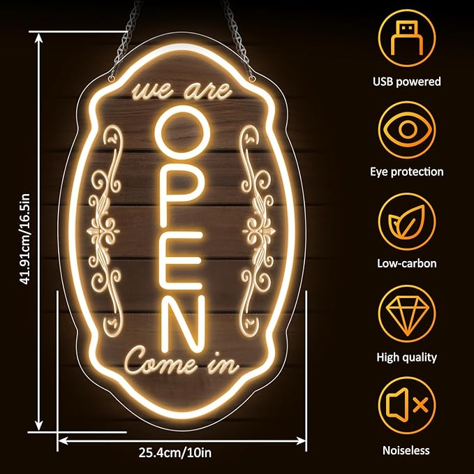 LED Neon Open Sign for Business, 16.5x10'' Come in We’re Open Sign, Warm White Adjustable Brightness Neon Lights for Party, Bar, Salon, Stores, Hotel, Wall Decor, Clubs, Hotels, Vertical