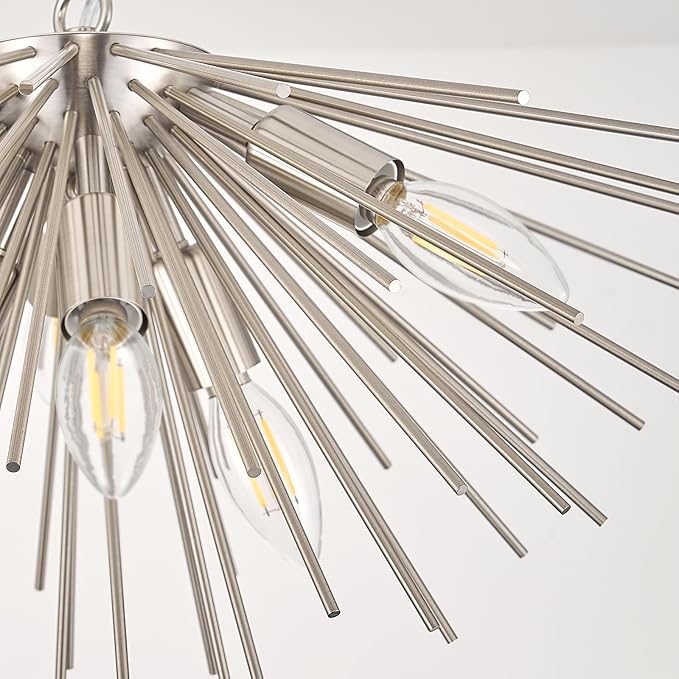 Nickel Sputnik Chandelier 6-Light Starburst Chandelier Ceiling Light Mid Century Modern Satellite Light Fixture Solid Metal Urchin Chandeliers for Entry Dining Room Kitchen Sink Bathtub