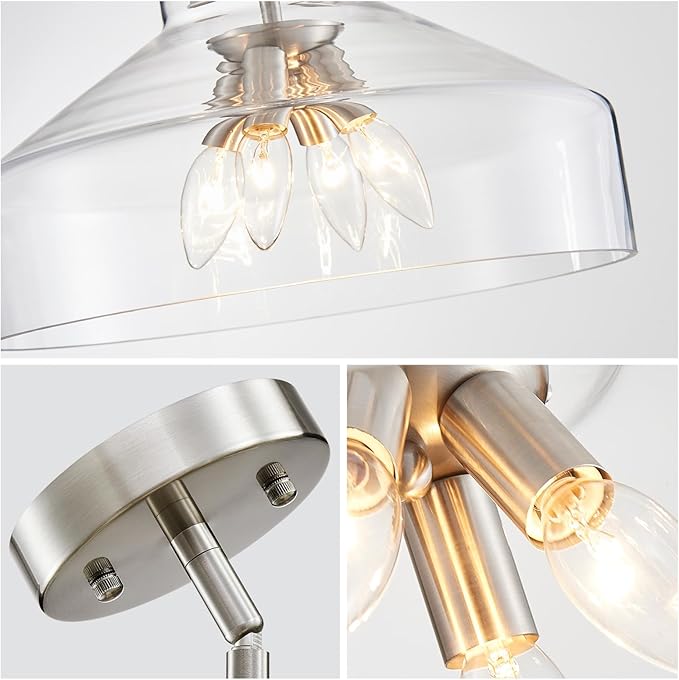 WUZUPS Chandelier Rustic Farmhouse Industrial Round Ceiling Pendant LED Light Fixture with Clear Glass Shades for Dining Room Kitchen Island Foyer Entryway, H 11.8" W 15", E26 Base, Gold