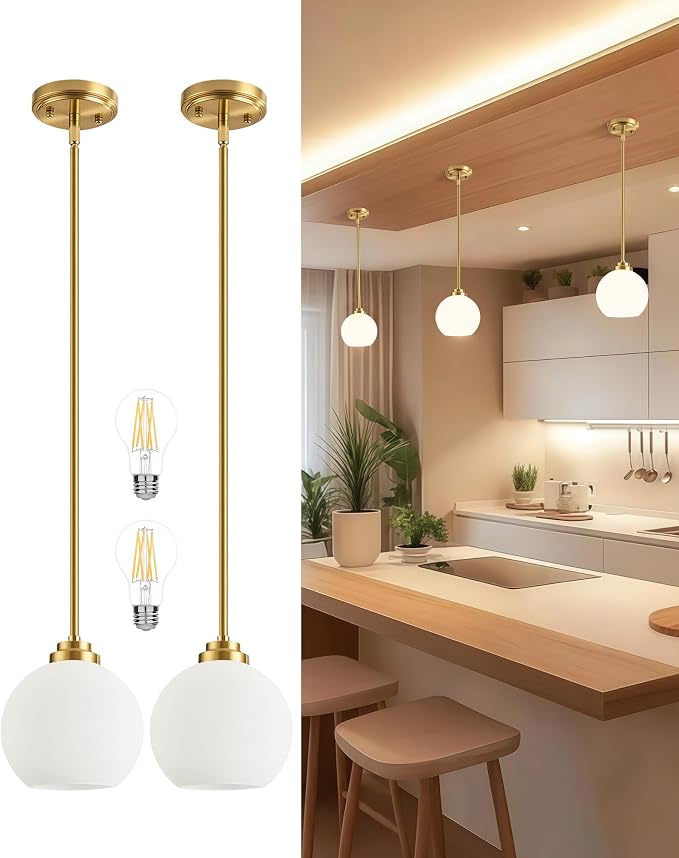 Majade 7.4" Globe Pendant Lights Mid Century Modern Kitchen Island Pendant Light Fixtures 2 Pack Gold Brass Pendant Lighting with Milk Glass Adjustable Hanging Light Fixtures for Dining Room