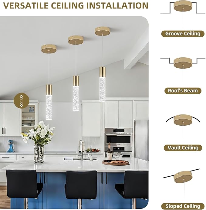 OKELI Modern Pendant Lights,LED Bubble Crystal Kitchen Island Light Fixtures,Mini Single Pendant Lighting for Kitchen Island,Bar,6W,6000K,Gold,3Pack