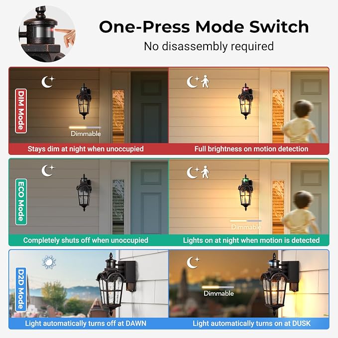 16.4" Motion Sensor Outdoor Lights with GFCI Outlet, 2-Pack ORB Outdoor Porch Light with Water Ripple Glass, 5-Modes Waterproof and Anti-Rust Dusk to Dawn Outdoor Lighting for Garage Patio