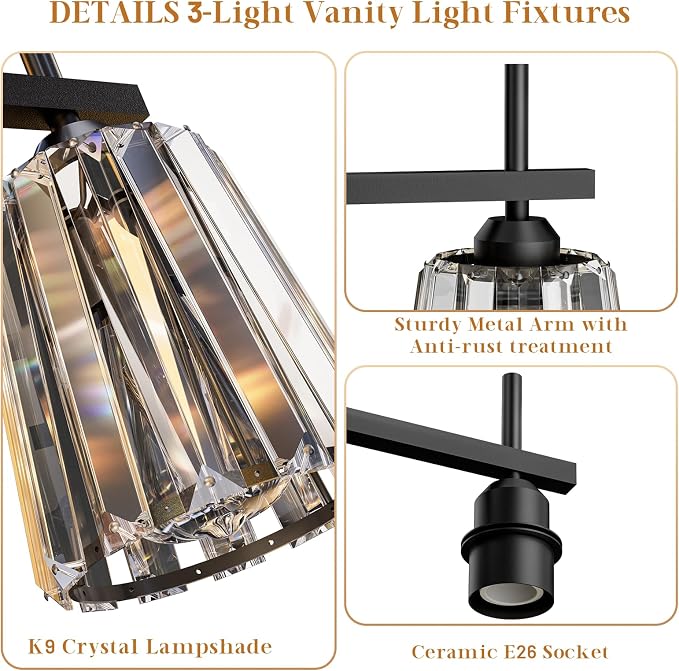 Crystal Bathroom Light Fixtures Over Mirror, Black 3-Light Bathroom Vanity Lights Over Mirror Modern Wall Lighting Sconces with Ceramic E26 Base (Bulbs Not Include)