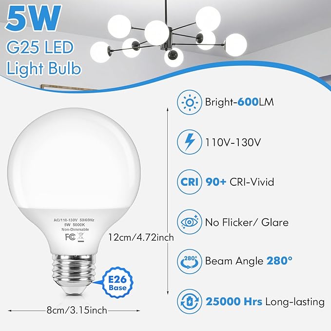 Brightever G25 LED Light Bulbs, 5W Vanity Light Bulbs for Bathroom, 60W Equivalent 5000K Daylight White Round Light Bulb, E26 Base, 600LM, Globe Light Bulbs Non-Dimmable, 12-Pack