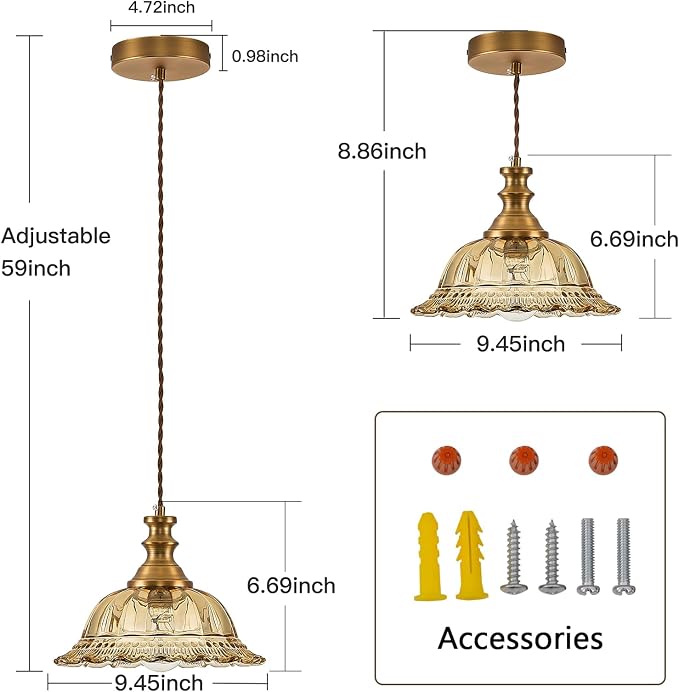 HDDFL Glass Pendant Lights Modern Pendant Lighting Fixtures Hanging Lamp for Kitchen Island Bedroom Dining Room Coffee Shop Hallway Amber and Brass