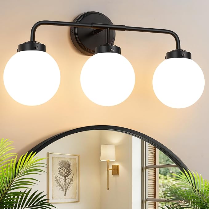 Modern Matte Black Bathroom Light Fixtures, 3-Light Vanity Lights Wall Sconce with Globe Milky White Glass Shade Over Mirror for Bathroom Hallway Living Room Bedroom