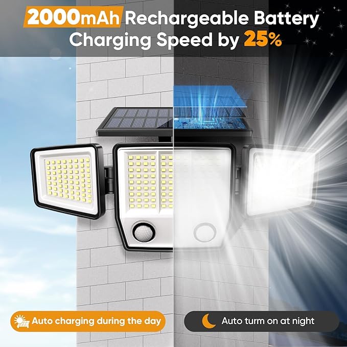 Solar Motion Sensor Outdoor Lights Waterproof - 3000LM 3 Modes Security Lights Outdoor 270° Illumination IP65 LED Solar Flood Wall Light for Garden Yard Patio Pathway (with Stakes, 1)
