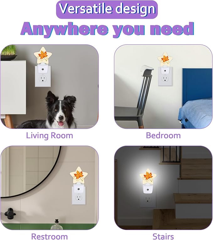 Energy Efficient Nightlights Plug in Wall, Fall Leaf Night Light for Kids Bedroom Decorative, Orange Maple Leaf Dusk-to-Dawn Sensor Sleep Friendly Lamp for Nursery Bathroom Basement
