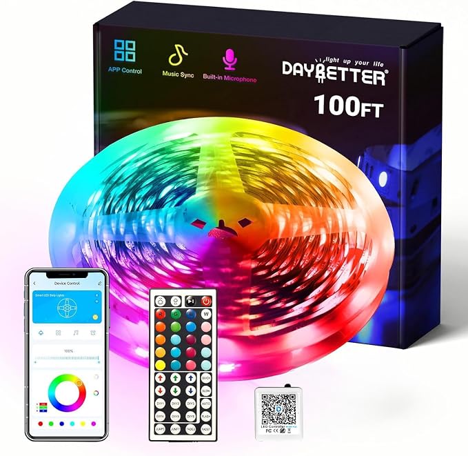 DAYBETTER Smart RGB Led Strip Lights, 100ft Led Lights for Bedroom with App Control, Multicolor Changing Led Light Strips Apply for Home Decor, Living Room, Kitchen, Home Party Decoration
