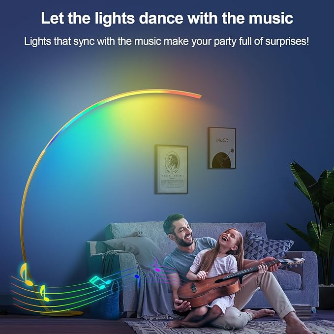 RGB Floor Lamp with 3 Color Temperatures, Ultra Bright 1800LM Smart Arc LED Floor Lamp with Remote Control, Music Sync, Scene Modes, Modern Standing Tall Lamp for Bedroom Living Room Gaming Rooms-Gold