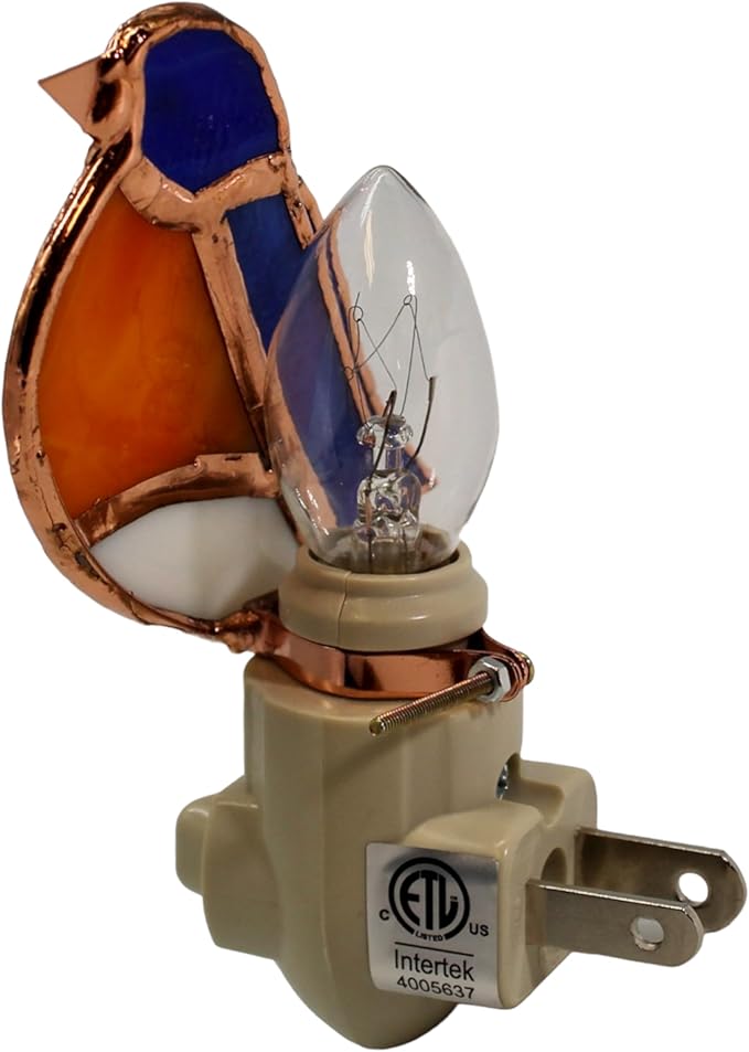 Gift Essentials Bluebird Plug in Night Light - Stained Glass Nightlight with On/Off Rocker Switch - Includes One 4 Watt Replaceable Incandescent Warm Glow Bulb