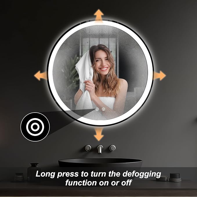 Sweetcrispy 28 Inch Round LED Mirror for Bathroom with Lights, Circle Vanity Mirror with Anti-Fog, Dimmable, 3-Color Light, Memory Function, Tempered Glass