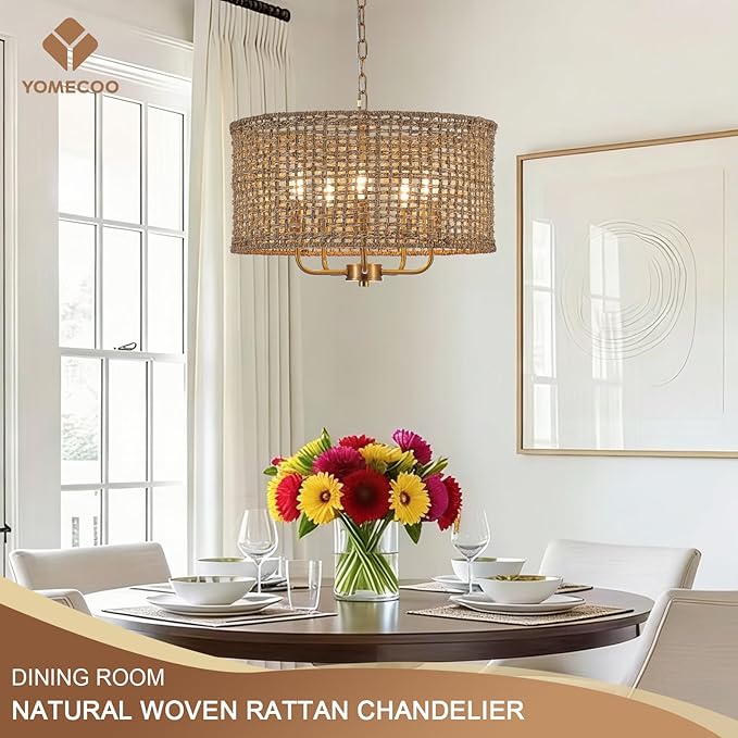 Boho Hand-Woven Rattan Chandelier Vintage Farmhouse Bamboo Golden Chandelier Modern 5-Lights Drum Wicker Gold Chandeliers for Dining Room, Kitchen, Living Room, Entryway, Bedroom, E12