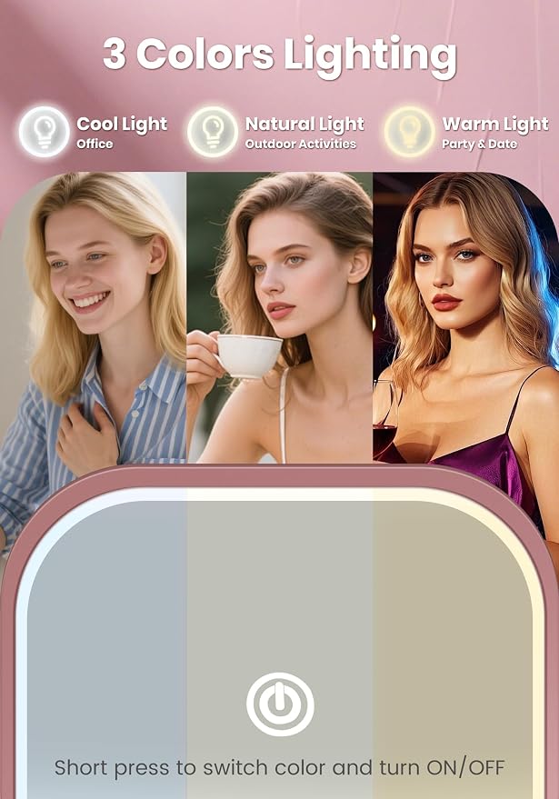 Magnifying Mirror with Light, Rechargeable 40X Compact Mirror with 3 Lighting Modes & Dimmable Brightness, Portable Travel Makeup Mirror with Light, Essentials for Travel, Pocket Purse Rose