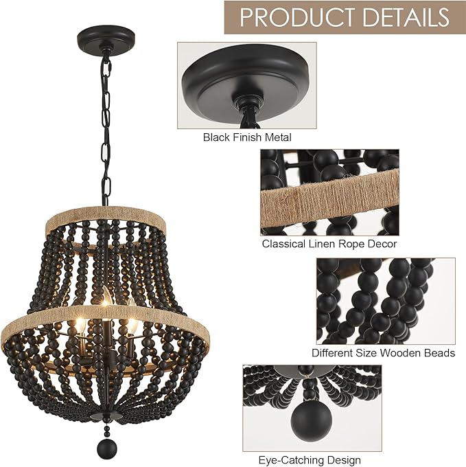 3-Light Boho Chandelier Farmhouse, Wood Bead Pendant Light, Black Rustic Hanging Light Fixture for Kitchen Entryway Bedroom Nursery Dining Room Foyer