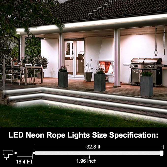 DBFAIRY 33Ft LED Neon Rope Lights, 24V Dimmable LED Strip Lights DIY Flexible Silicone Waterproof Neon Strip Lights for Bedroom Gaming Bedroom Outdoor Decor (Cool White)