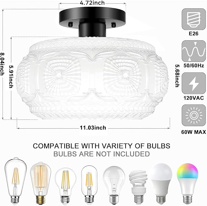 Semi Flush Mount Ceiling Light, Upgraded Larger Milk Glass Shade Modern Ceiling Light Fixture, Vintage Black Lighting for Hallway Bedroom Entryway Kitchen Porch