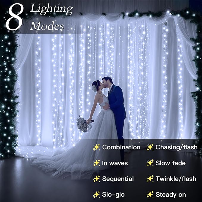 300 LED Cool White Curtain String Lights 9.8x9.8FT Plug in Fairy Lights with 9 Hooks Dimmable Timer & 8 Modes IP44 Waterproof Bedroom Office Wall Wedding Backdrop Christmas Indoor Outdoor Decor