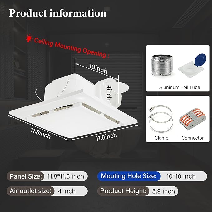 Bathroom Exhaust Fan with Light 145 CFM, 11.8" Panel, 1.0 Sone Low Noise，Cutout Size 10" x10"，Duct 4 Inch Quiet Bath Ceiling Vent Fan Combo with 6500K 1200LM LED Light, for Bathroom, Laundry, Shower