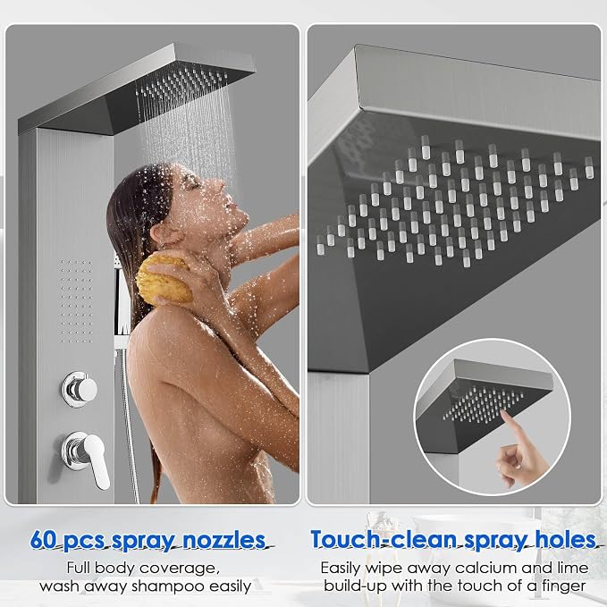 ROVOGO Shower Panel Tower System with 4 Shower Modes, 46.5", No Led Lights | Rain Shower Head, 2 Body Jets, Handheld and Tub Spout, Stainless Steel Shower Column w/ Brass Valves, cUPC Cartridge, Brushed