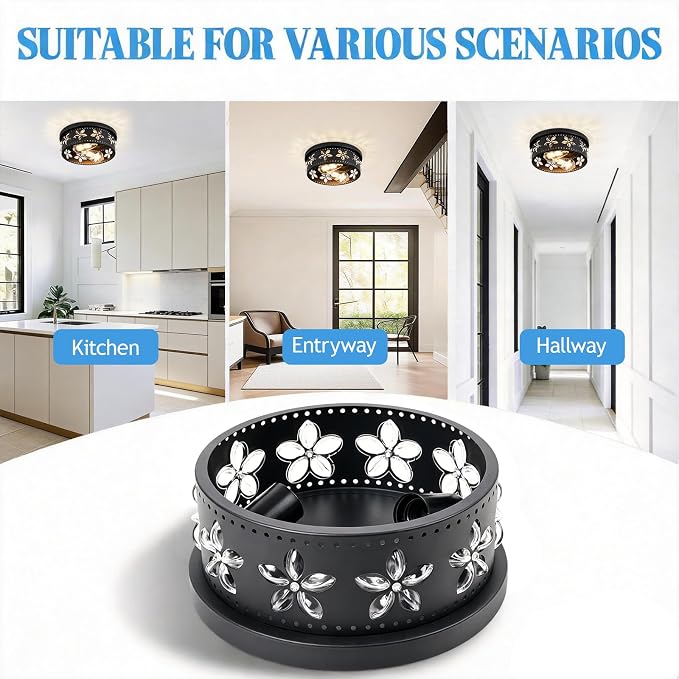 10.6 Inch Black Flush Mount Ceiling Light Fixture | 2-Light, Flower, Farmhouse, Kitchen, Dining Room, Bedroom, Living Room, Foyer, Entryway
