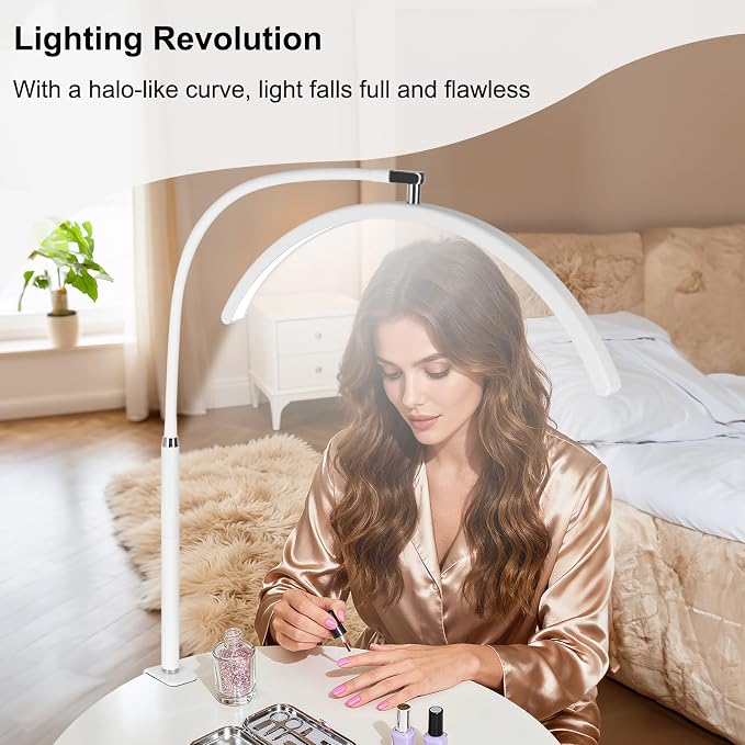 Professional Half Moon LED Desk Light for Nail Techs & Artists – Flexible Gooseneck Lamp with Clamp, 5 Color Modes & 5 Brightness Levels for Manicure, Tattoo, Beauty Work