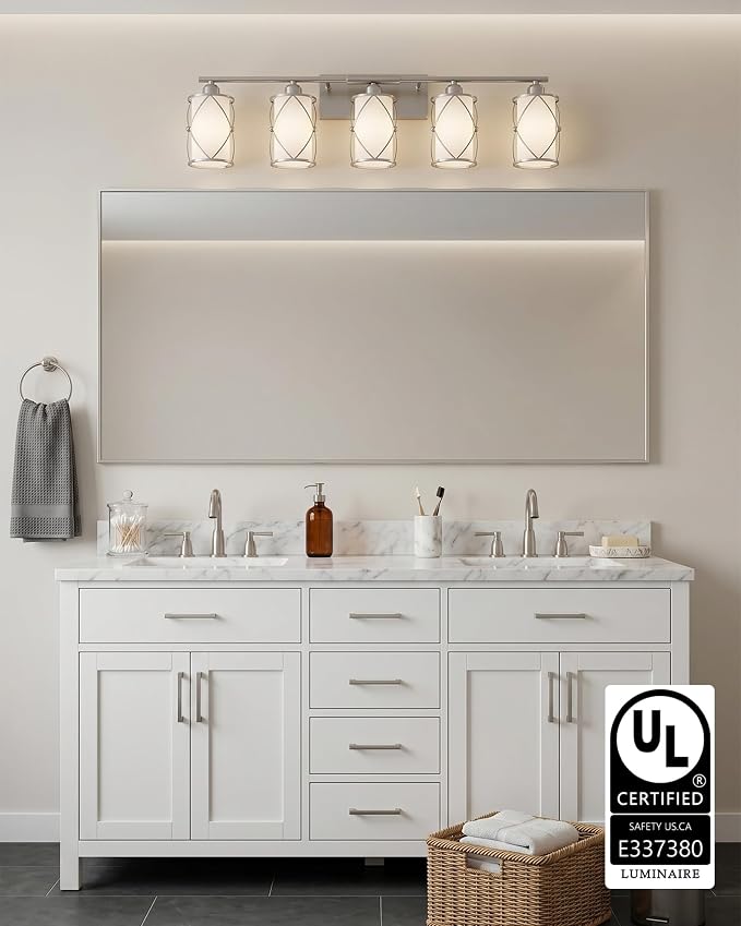 5-Light Brushed Gold Bathroom Light Fixtures Over Mirror, 42" UL-Listed Modern Wall Sconce Lights with Frosted Milk White Glass and Metal Cage for Bath, Hardwire E26, CH9176BNW-5W