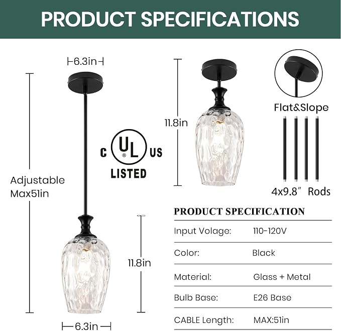 Glass Pendant Lights Kitchen Island, Modern Black Pendant Lighting Fixtures with Clear Glass Shade, Adjustable Hanging Light for Kitchen Sink, Dining Room & Bathroom 2 Pack