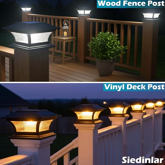 SIEDiNLAR Solar Post Lights Outdoor Glass LED Fence Cap Light 2 Modes for 4x4 5x5 6x6 Posts Deck Patio Garden Decoration Warm White/Cool White Lighting Black (1 Pack)