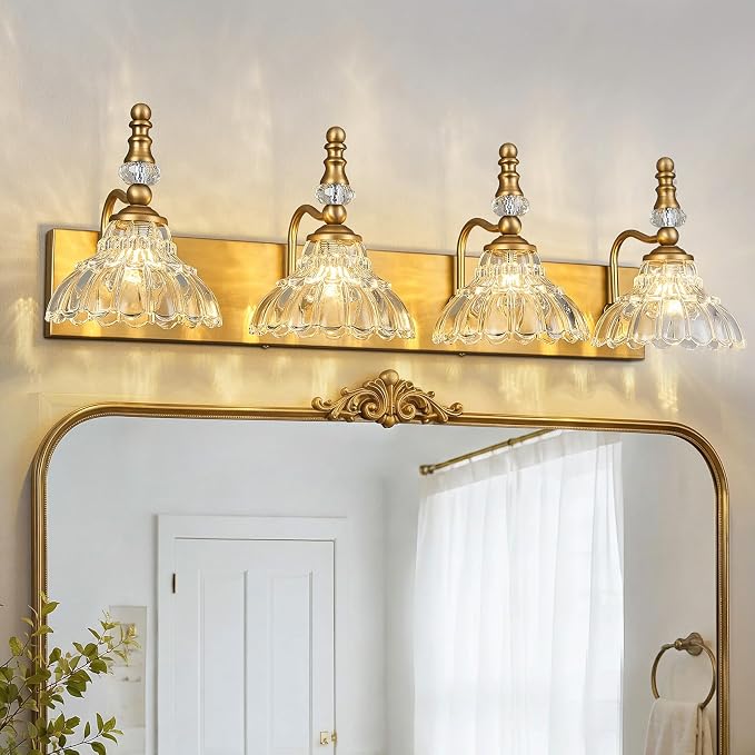 Vintage Bathroom Vanity Light, 4-Light Brass Vanity Lighting Fixture with Flower Glass Shade, Bathroom Lighting Fixtures Over Mirror