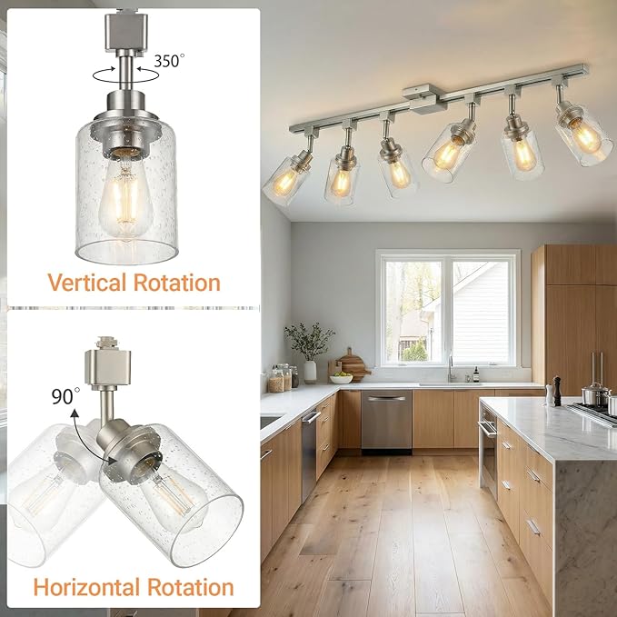 LOUSACE 6 Pack H Track Lighting Replacement Heads Brushed Nickel, Ceiling Track Lighting Fixtures with Seeded Glass Shades, E26 Base Track Light Heads for Retail Shop Kitchen Bathroom