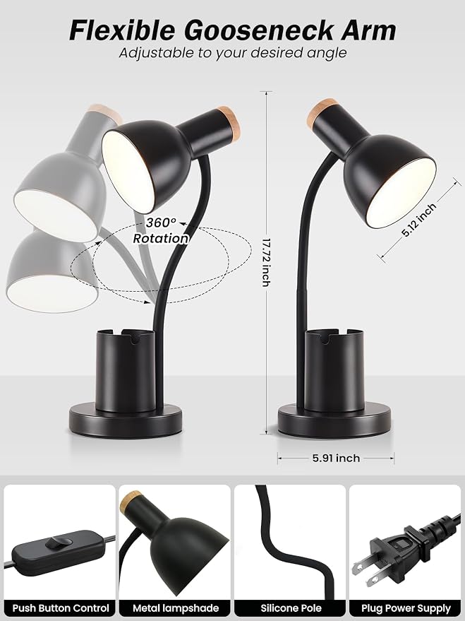 LED Desk Lamp for Home Office, Table Lamp with Pen Holder, 3 Color Modes Reading Light, Eye-Caring Desk Light with Gooseneck, Metal Study Lamp for Dorm Bedside Bedroom (Black Lamp)