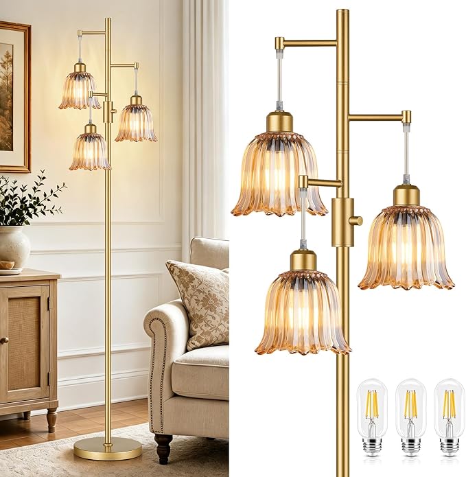 Dimmable Flower Floor Lamp, 3 x 900LM LED Bulbs Included, Modern | 70" Gold Tree Standing Lamp, 3 Lights Elegant Amber Glass Flower Shade, Vintage Floor Lamps for Living Room, Bedroom, Office