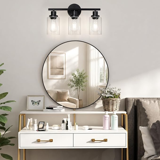 Modern Bathroom Light Fixtures, 3 Light Vanity Lights with E26 Bulbs, Black Wall Lamp with Clear Glass for Mirror Living Room Hallway Cabinet Porch