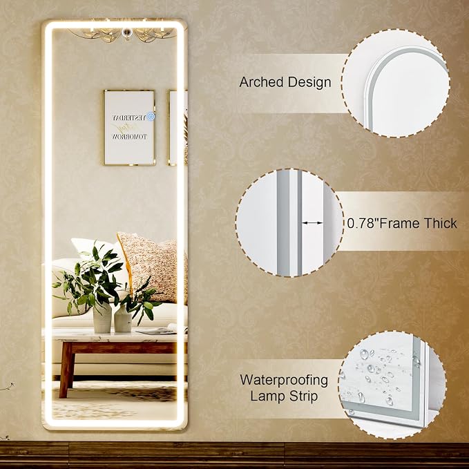 56" x 20" Full Length Mirror, LED Lighted Floor Standing Mirror | Dimming & 3 Color Lighting and Shatterproof Tempered Glass Wall Hanging or Leaning Full Body Mirror for Bedroom/Home Decor