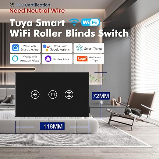 Smart Roller Shutter Switch Single Gang 2.4GHz Wi-Fi Touch Switch, Neutral Wire Required,Work with Smart Life/Tuya App and Alexa,Tempered Glass Panel,Black