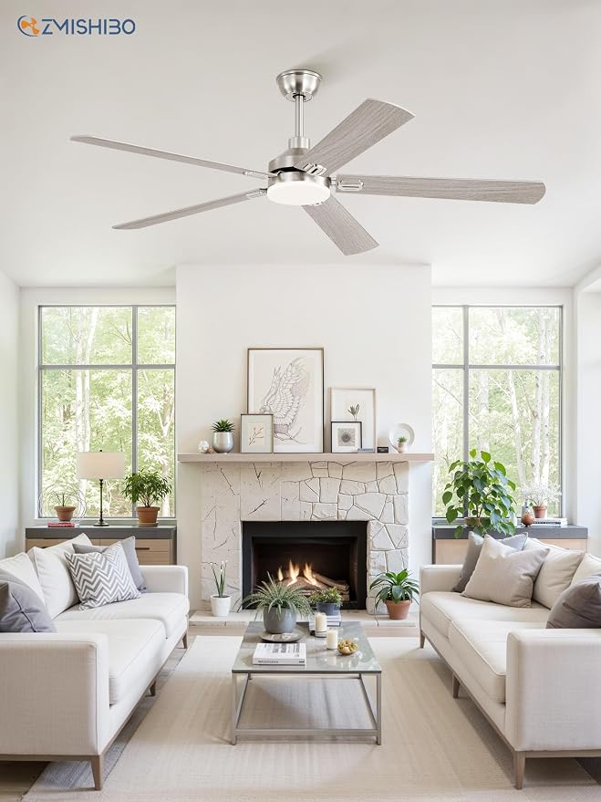 ZMISHIBO 60" Ceiling Fans with Lights and Remote, Nickel Modern for Indoor | Large Size, 3CCT, Downrod Mount, Farmhouse Dual Finish Blades, Quiet&Strong Motor, Memory Function for Bedroom, Living Room