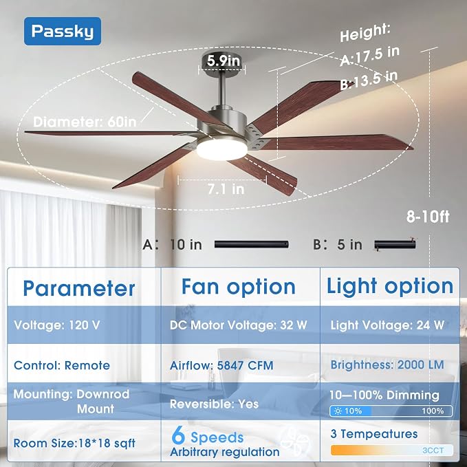 Passky 60 Inch Black Contemporary Ceiling Fans with Lights, Remote Control | 3CCT dimmable light, quiet DC motor, reversible airflow; black contemporary style for bedroom and living room