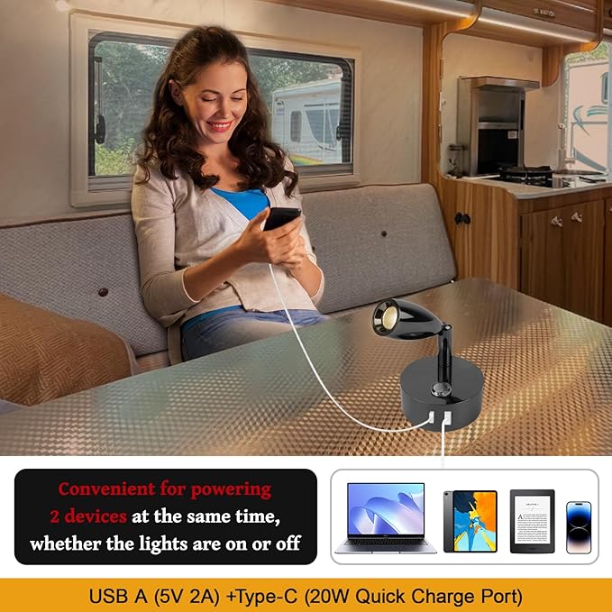 12V LED Reading Light with Dual Charging Ports, Touch Control Dimmable RV Light Interior 12 Volt Bedside Light Fixture for Camper Boat Van Trailer and Motorhome