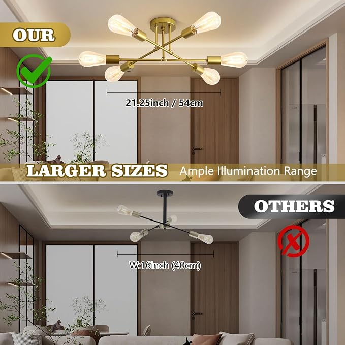 Chandelier, 6-Light Modern Sputnik Ceiling Light, Gold Metal Ceiling Light | Angle Adjustable Dining Room Light Fixture with E26 Base, Light Fixtures Ceiling Mount for Bedroom Living Room Kitchen